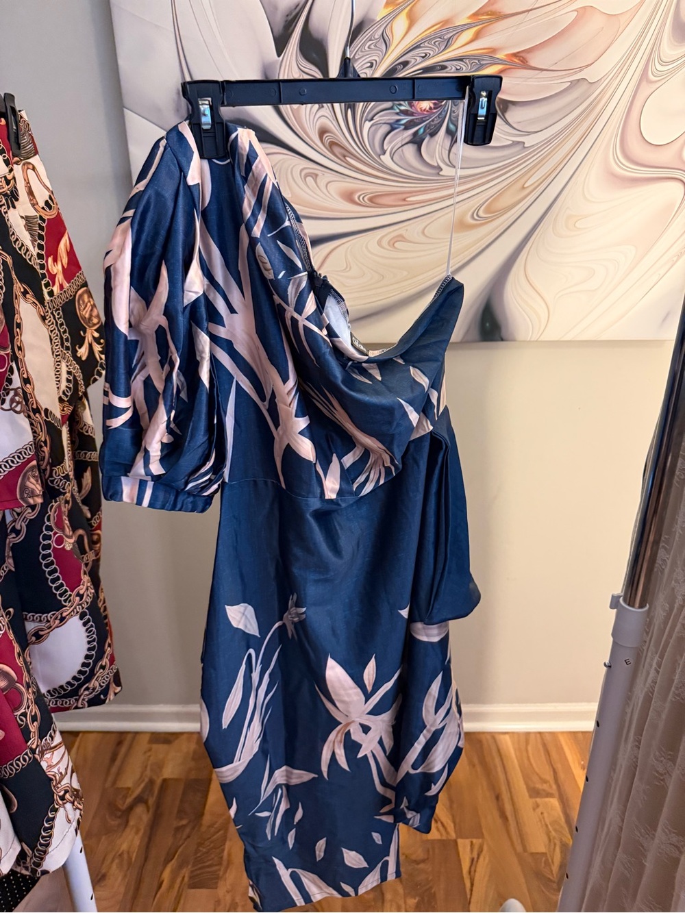 Blue, Cream & Gold One-Shoulder Satin Floral Dress